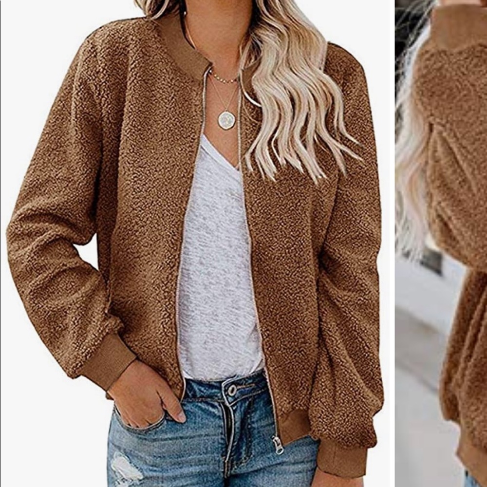 NWT MIRGLOW Brown Sherpa Fleece Teddy Bomber Jacket M Zip Up Fuzzy Coat Cozy